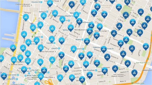 „Interaktivní mapa půjčoven kol CityBike na Manhattanu.“ Zdroj: CityBike 