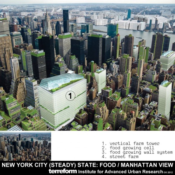 Terreform svou vizi  New Yorku budoucnosti se neomezuje jen na zeleň, ale důkladně zpracovává především koncepci produkce potravin. Zdroj: Terreform.org