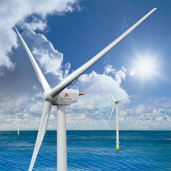 „Nový typ 5 MW turbíny M 5000-135 se má stát základním kamenem větrné farmy Wikinger Ost 2“ Zdroj: Areva.com