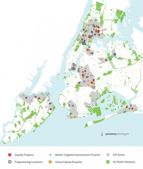 Mapa CPI zachycuje program ozelenění New Yorku a rozvoj nových veřejných prostranství a parků. Zdroj: CPI
