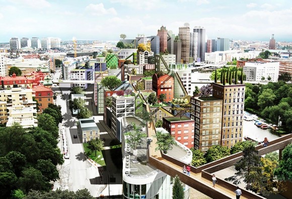 „Zásadní tepnou pro pěší, která by v úrovni nadzemky propojila jednotlivé zelení střechy, by se  stal most SkyWalk.“ Zdroj: Anders Berensson Architects