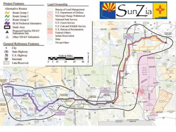 „Návrh jednotlivých tras a seznam území dotčených Southwest Transmission Project.“  Zdroj: Sunzia.net