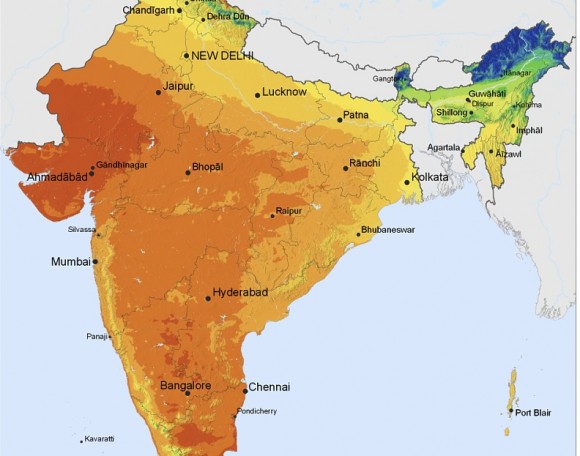 Stát Radžastán nacházející se v severozápadní části Indie má pro využití potenciálu sluneční energie zdaleka nejvýhodnější podmínky z celé země. foto: SolarGIS © 2011 GeoModel Solar s.r.o. licence Creative Commons Attribution-Share Alike 3.0 Unported