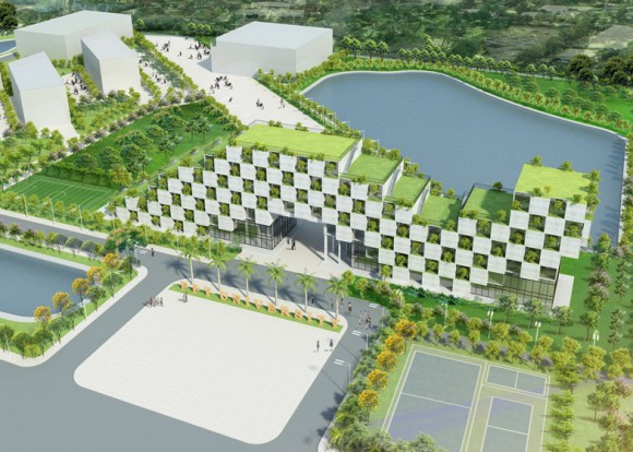 „Vizualizace kampusu FPT University, se vstupním pavilonem sedmipatrové administrativní budovy.“ Zdroj: Dezeen.com