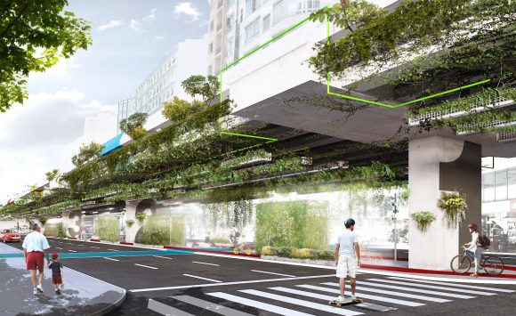 „Blanche našel místo pro výsadbu zeleně v centru Sao Paula. Chce integrovat vegetaci do tělesa dálniční spojky. Zdroj: Triptyque Architecture 
