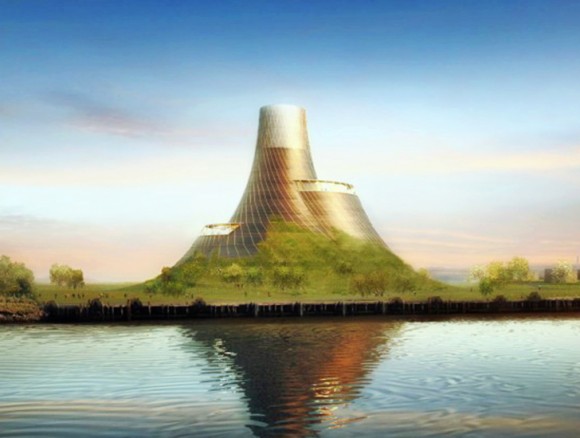 Architekt Thomas Heatherwick navrhuje na břehu řeky Tess místo komínů a hal sopečný kužel. foto: Heatherwick Studio