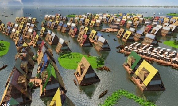 Plovoucí škola v lagoském zálivu Makoko, nebo rovnou celé plovoucí město? Zdroj: Kunlé Ayedemi