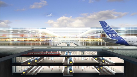 Nové letiště v ústí řeky Temže má být vybudováno na umělém ostrově, ve kterém nad sebou povede několik linek vysokorychlostní železnice spojující ho se zbytkem Británie i Evropou, foto: Foster + Partners
