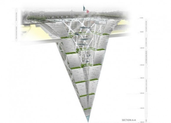 Zemědrap neboli Earthscraper - návrh jak by mohla vypadat budoucnost centrálního náměstí Mexico City, foto: BNKR Arquitectura