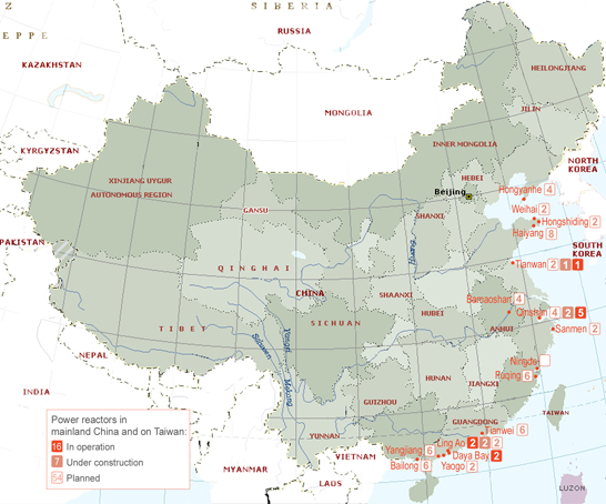 jaderná energie - mapa - Čína - jaderné elektrárny - výstavba