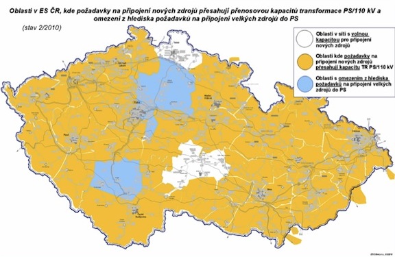rozvodné sítě - mapa České republiky - připojení OZE, volná kapacita